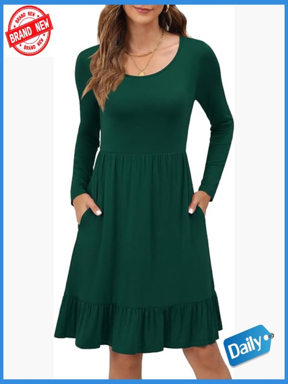 Long Sleeve Knee Length Pleated Dress with Pockets